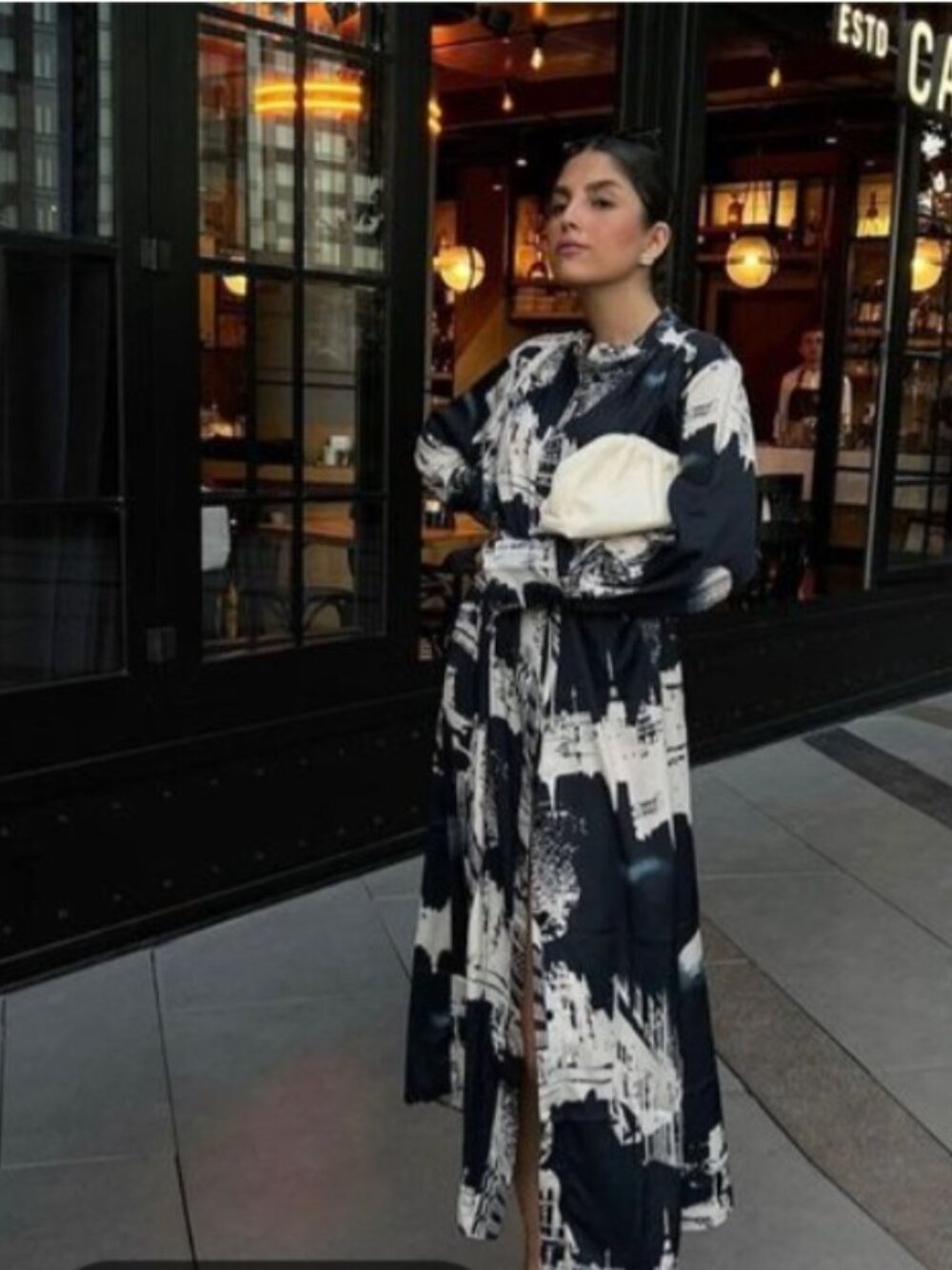 H&M STOCKHOLM TIE BELT DRESS SIZE MEDIUM ART TO WEAR CITYSCAPE PATTERN